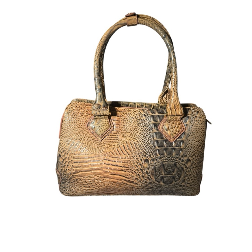 Elegant Tan and Gray Snake Skin-Embossed Handbag with Serial Number
